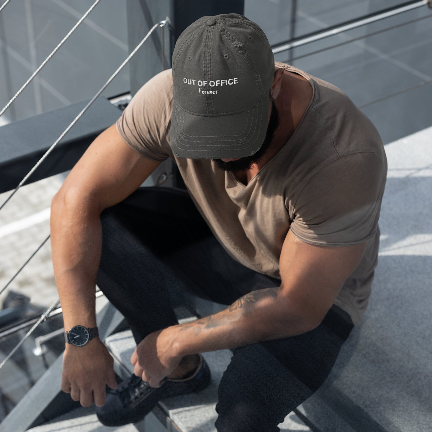 Stylish Distressed Embroidered Retirement Hat that States, OUT OF OFFICE forever