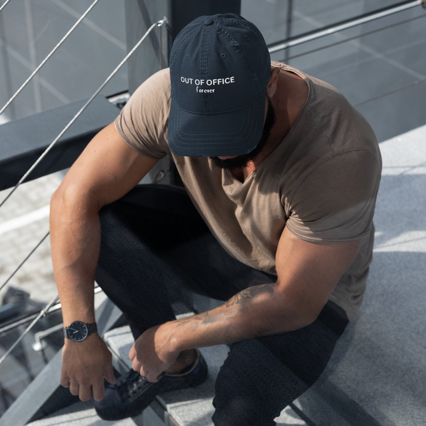 Stylish Distressed Embroidered Retirement Hat that States, OUT OF OFFICE forever