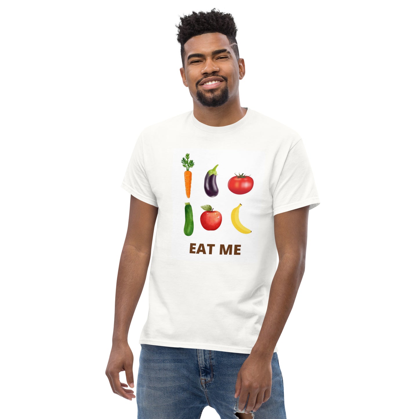 Men's Classic T-Shirt With Fruits, Vegetables and The Word, EAT ME