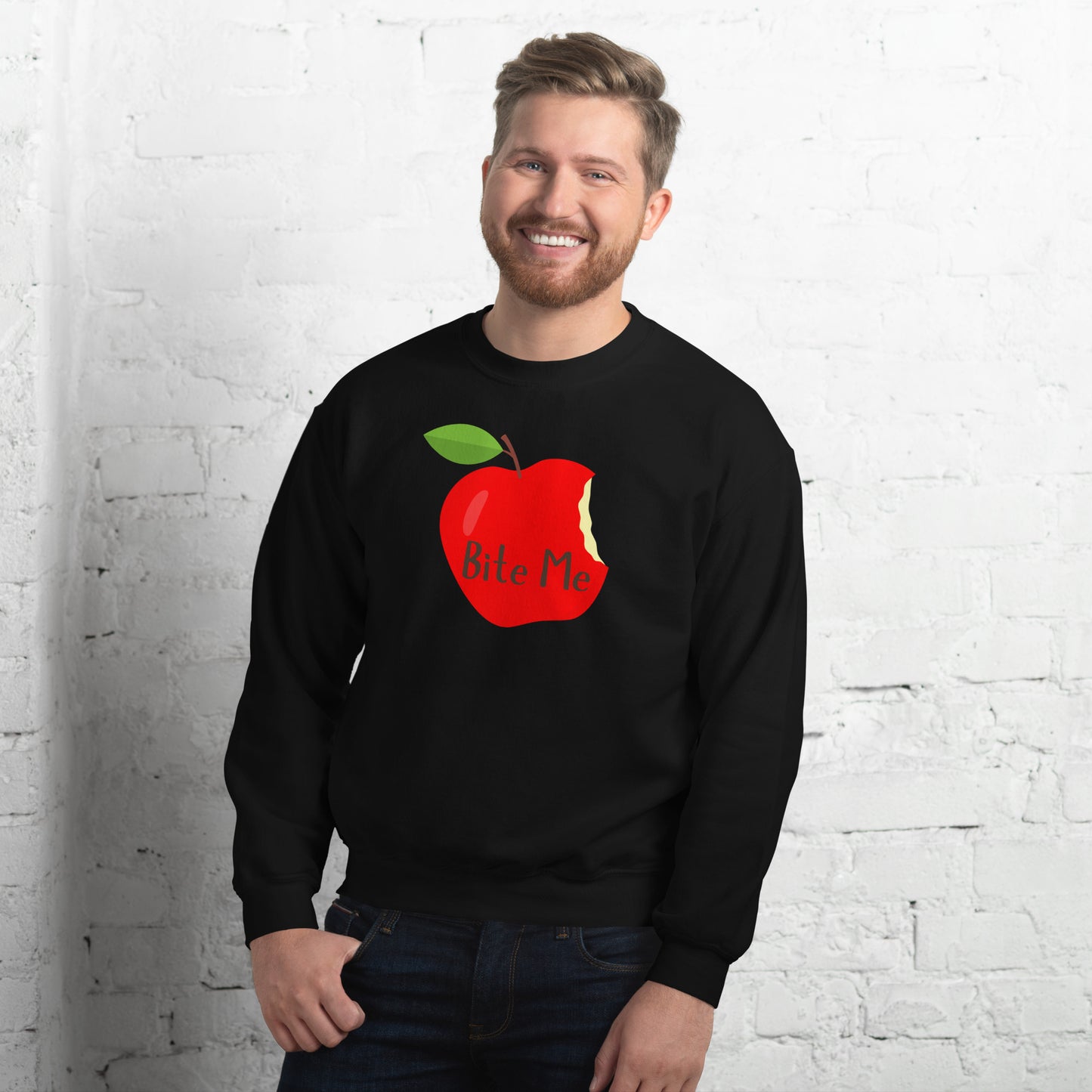 Perfect Unisex Whimsical Sweater That Showcase An Apple With Words, Bite Me