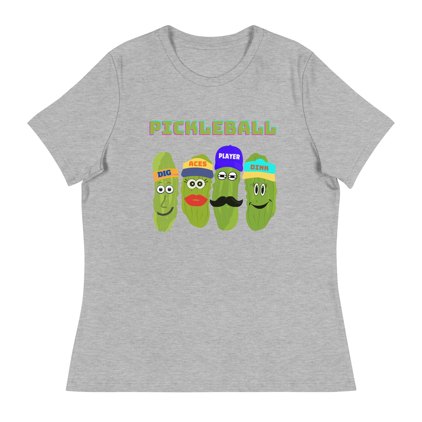 Women's Pickleball Players Relaxed T-Shirt With Four Pickles That Read, Dig, Aces, Dink