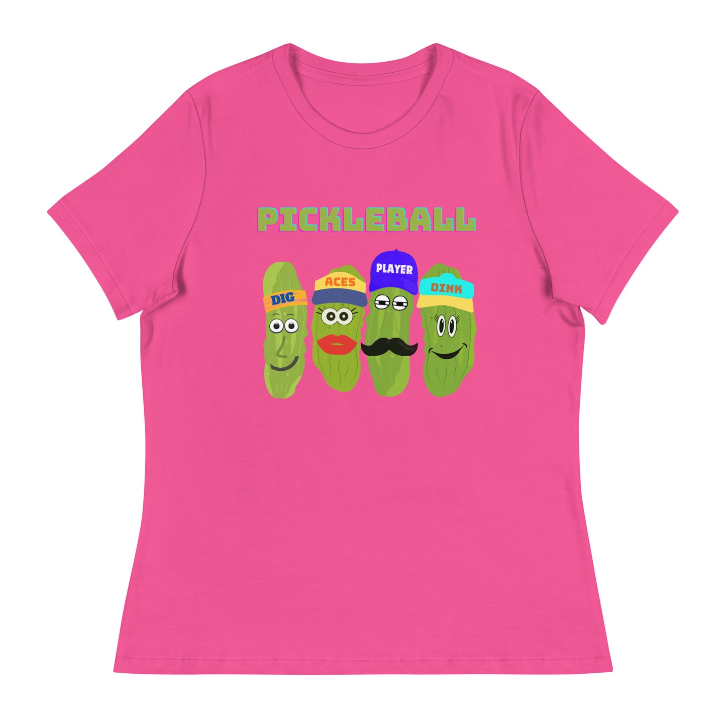 Women's Pickleball Players Relaxed T-Shirt With Four Pickles That Read, Dig, Aces, Dink