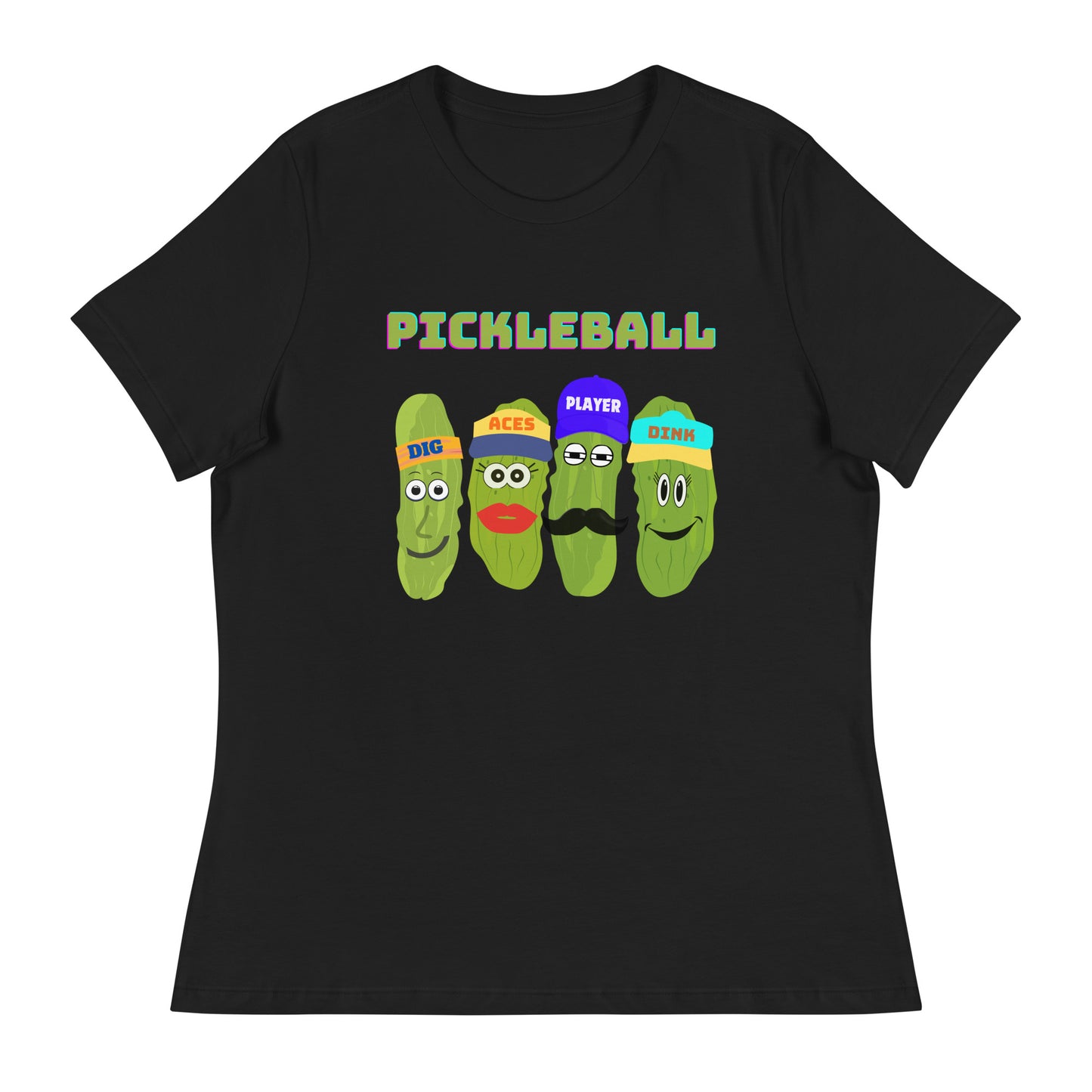 Women's Pickleball Players Relaxed T-Shirt With Four Pickles That Read, Dig, Aces, Dink