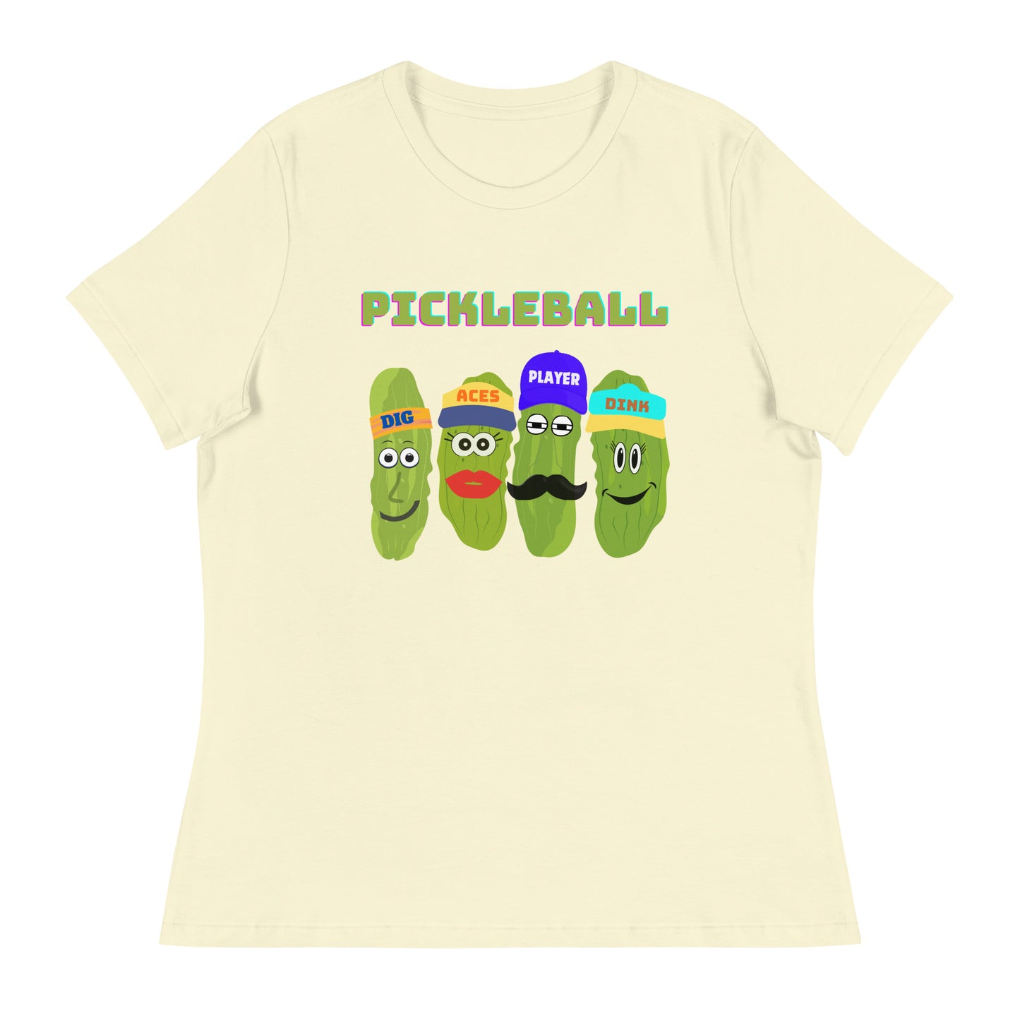 Women's Pickleball Players Relaxed T-Shirt With Four Pickles That Read, Dig, Aces, Dink