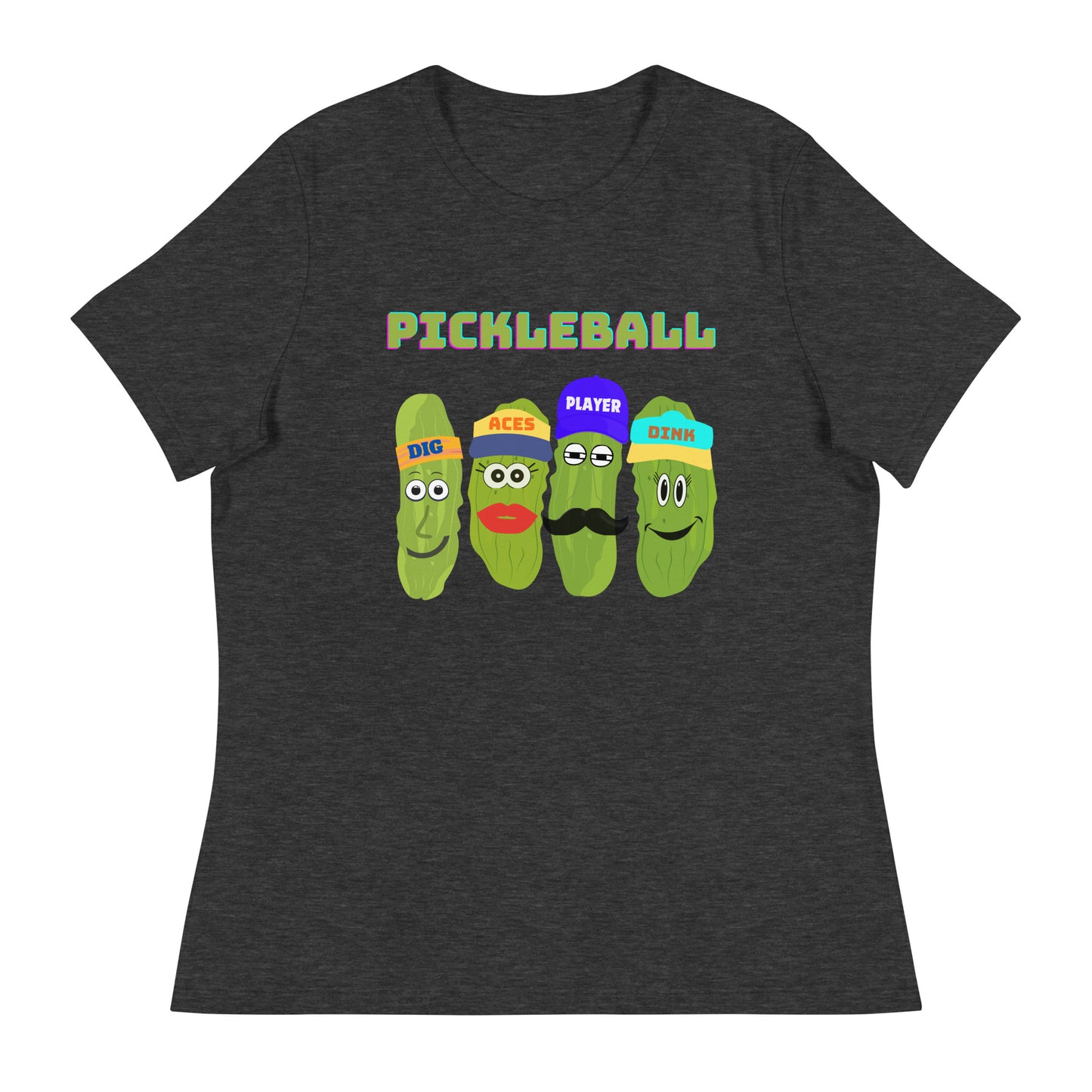 Women's Pickleball Players Relaxed T-Shirt With Four Pickles That Read, Dig, Aces, Dink
