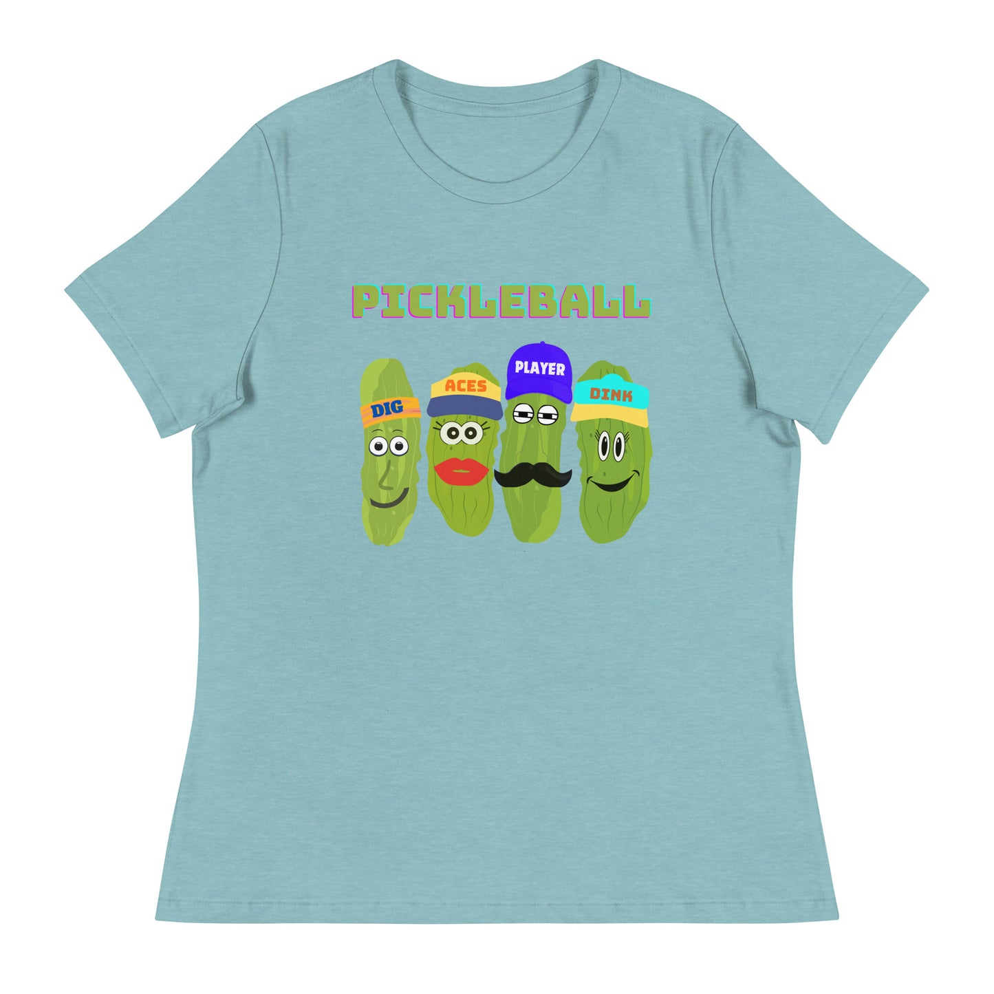 Women's Pickleball Players Relaxed T-Shirt With Four Pickles That Read, Dig, Aces, Dink