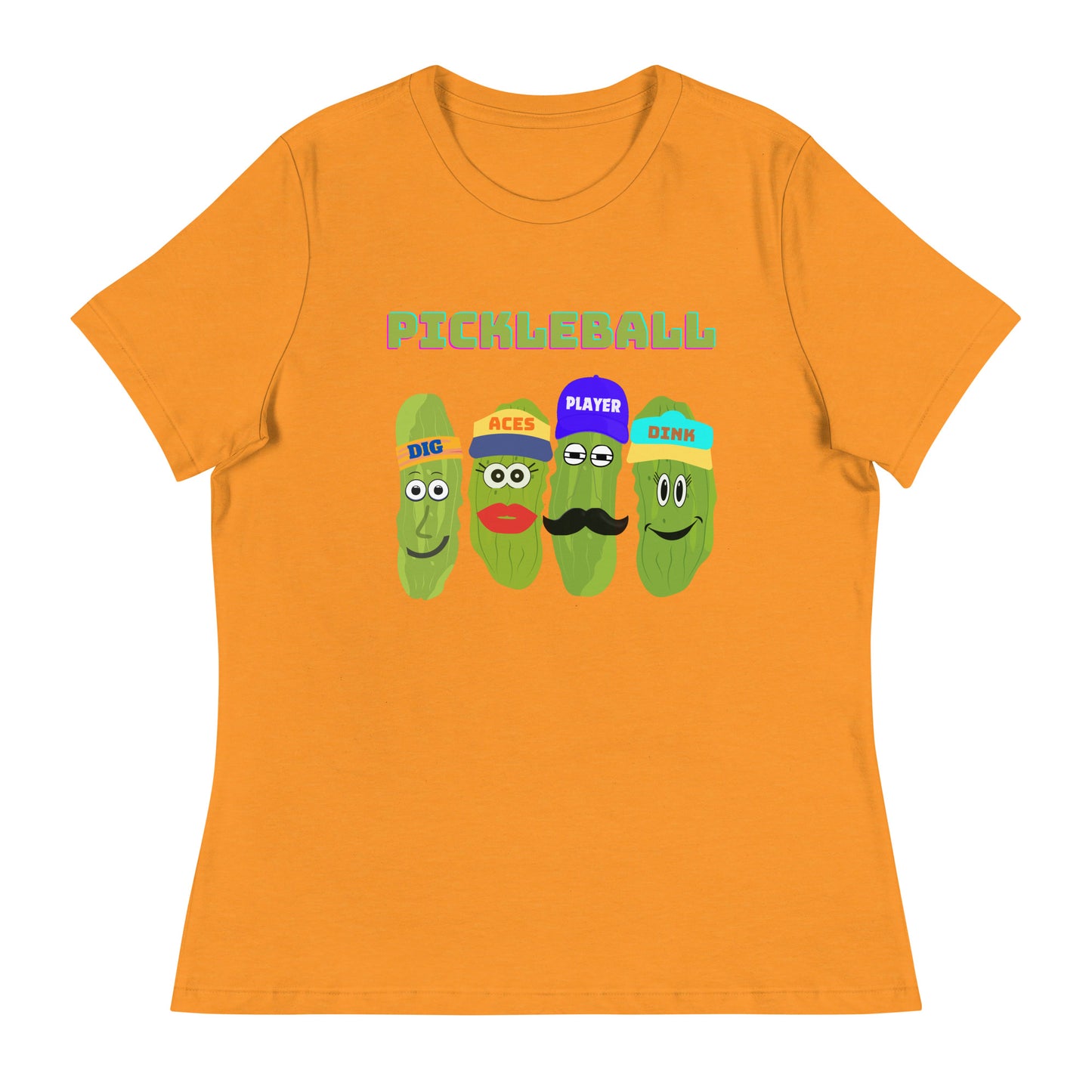 Women's Pickleball Players Relaxed T-Shirt With Four Pickles That Read, Dig, Aces, Dink