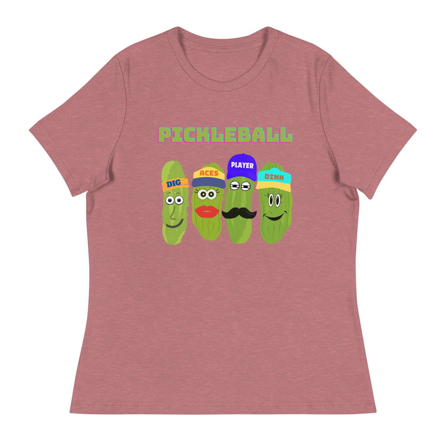 Women's Pickleball Players Relaxed T-Shirt With Four Pickles That Read, Dig, Aces, Dink