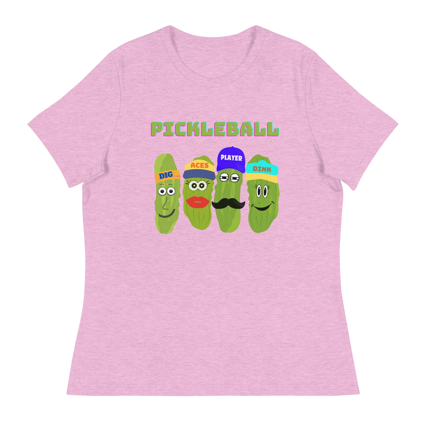 Women's Pickleball Players Relaxed T-Shirt With Four Pickles That Read, Dig, Aces, Dink