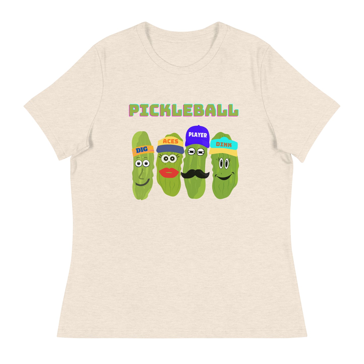 Women's Pickleball Players Relaxed T-Shirt With Four Pickles That Read, Dig, Aces, Dink