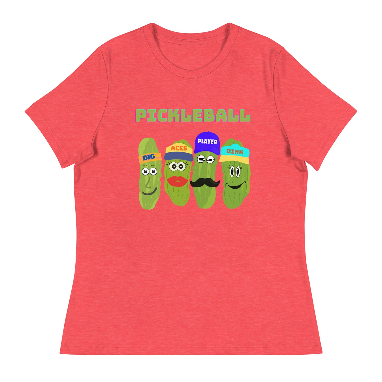 Women's Pickleball Players Relaxed T-Shirt With Four Pickles That Read, Dig, Aces, Dink