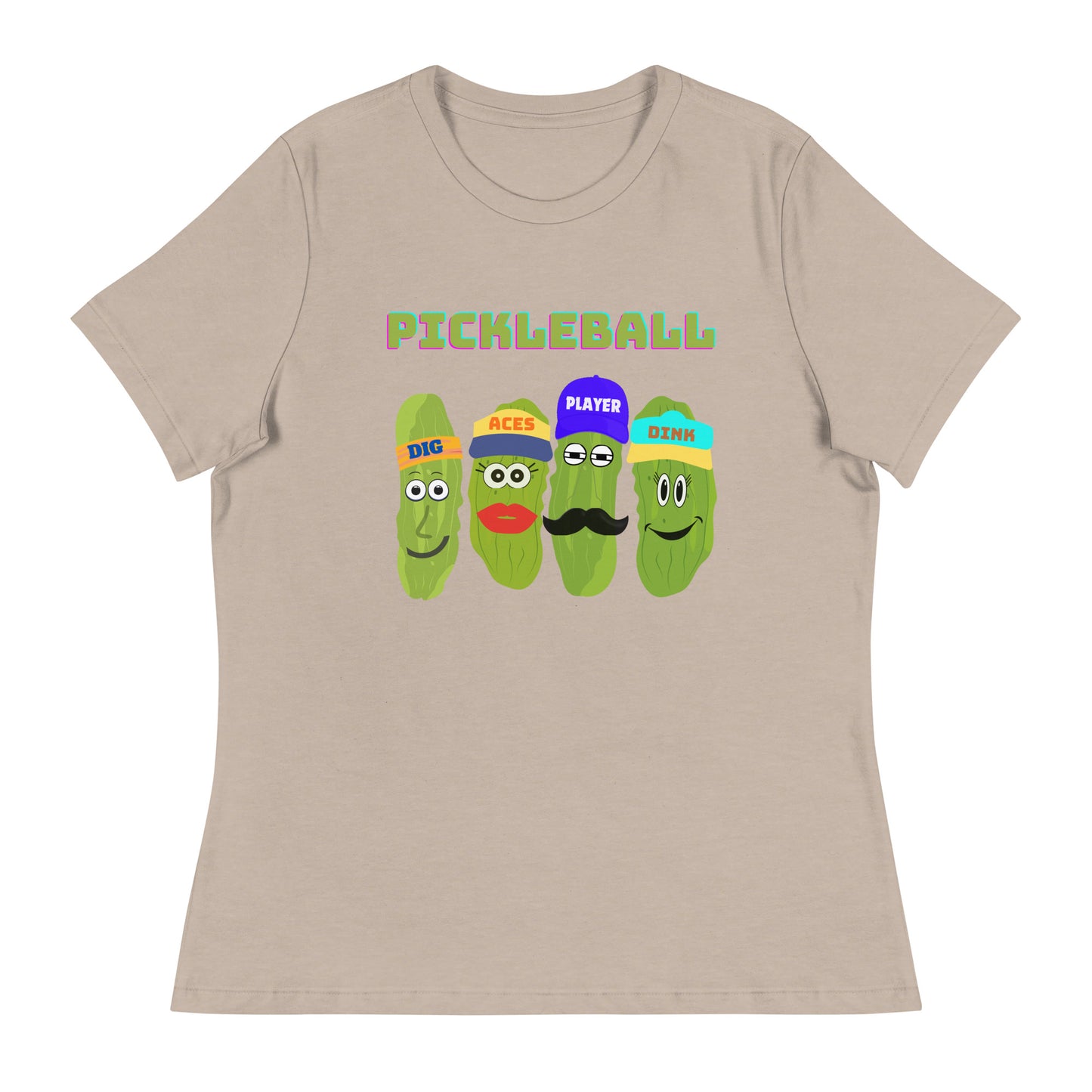 Women's Pickleball Players Relaxed T-Shirt With Four Pickles That Read, Dig, Aces, Dink