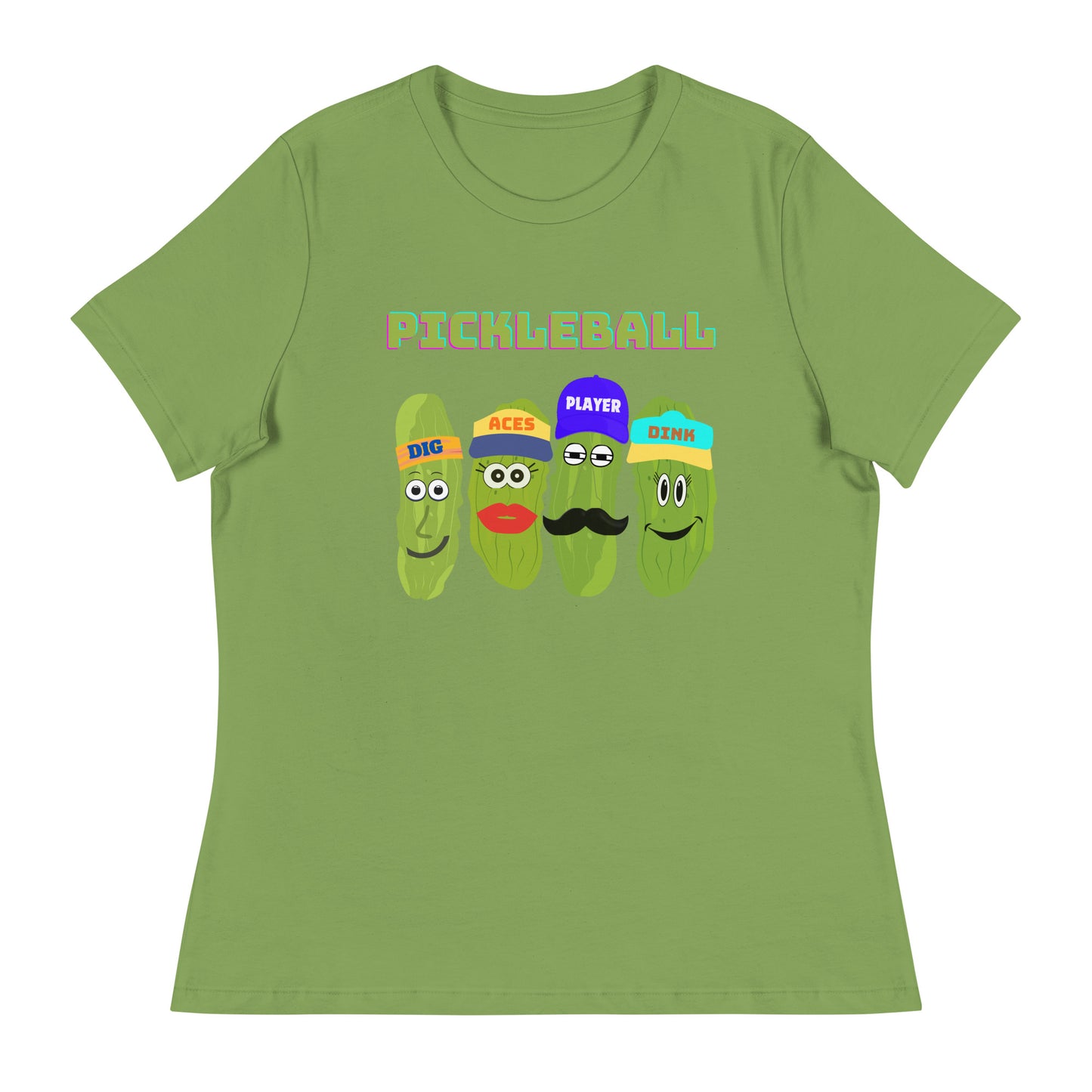 Women's Pickleball Players Relaxed T-Shirt With Four Pickles That Read, Dig, Aces, Dink