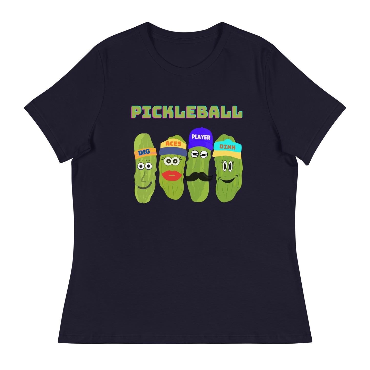 Women's Pickleball Players Relaxed T-Shirt With Four Pickles That Read, Dig, Aces, Dink