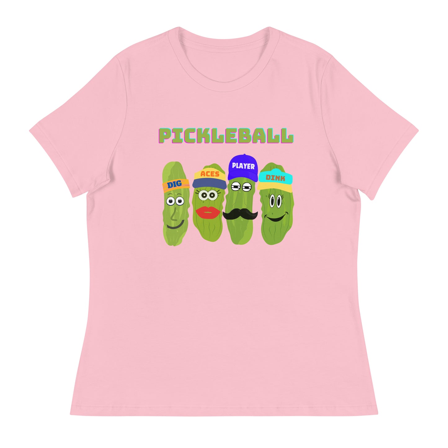 Women's Pickleball Players Relaxed T-Shirt With Four Pickles That Read, Dig, Aces, Dink