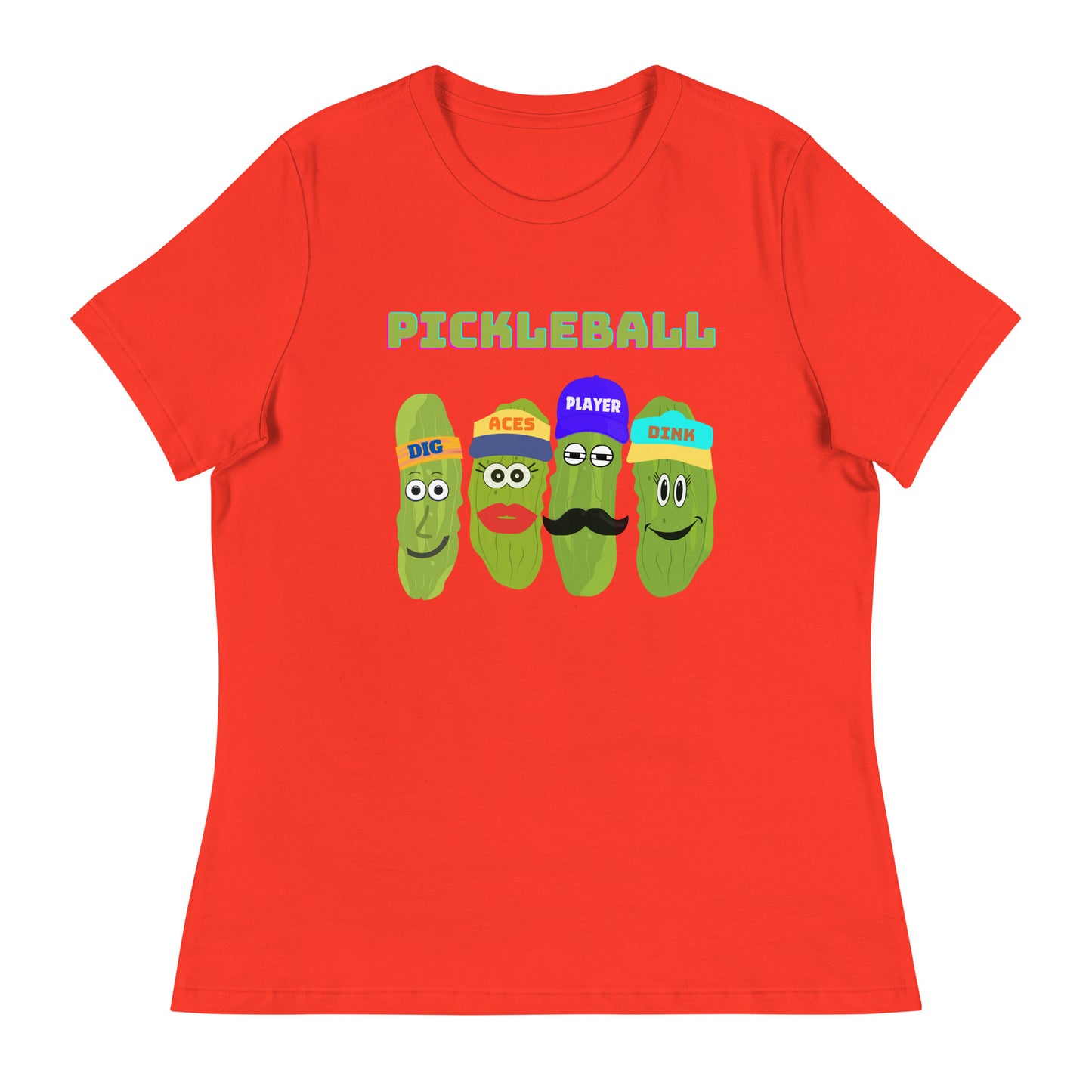 Women's Pickleball Players Relaxed T-Shirt With Four Pickles That Read, Dig, Aces, Dink